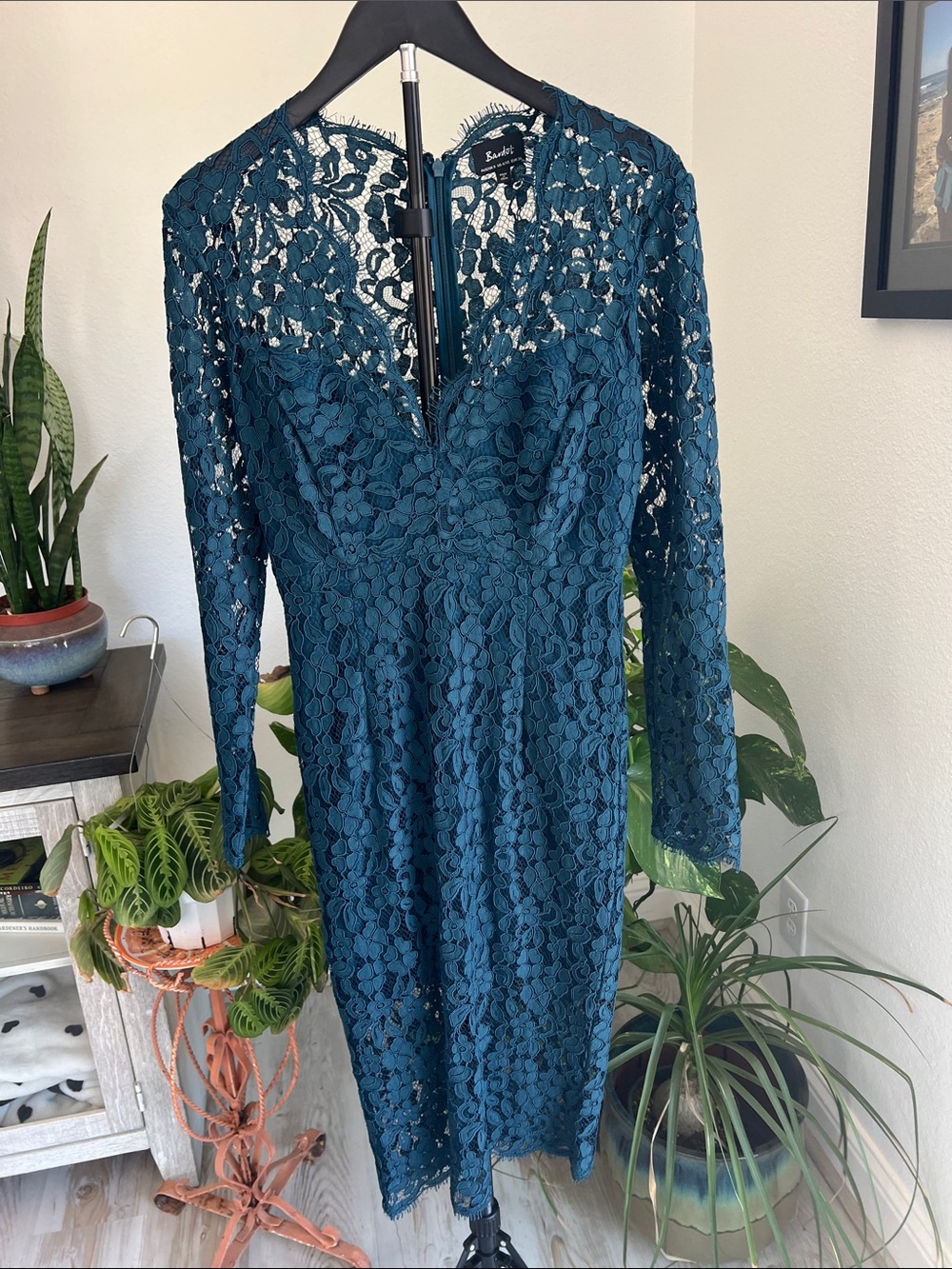 Bardot Teal Lace Long-Sleeve Midi Dress